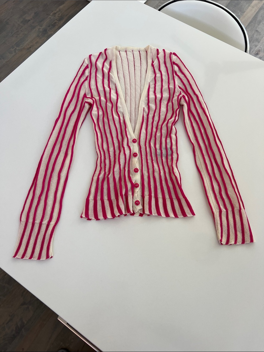 JACQUEMUS le gilet manosque hot pink cream striped long sleeve v neck sweater 34